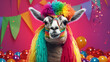 A lama celebrating birthday in rainbow colors