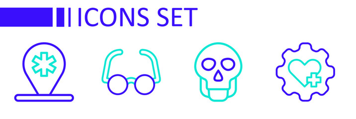 Canvas Print - Set line Heart with cross, Skull, Glasses and Location hospital icon. Vector