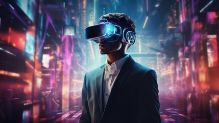 Businessman wearing virtual reality glasses with modern technology background. VR concept. 