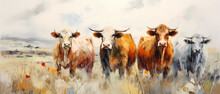 Cattle Silhoutte With Rustic Colors, White Background, Texture Painting With Oil Brush Stroke, Palette Knife Paint On Canvas