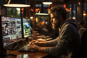 Poster - IT specialist sits in dark office and looks at several monitors with his hands on the keyboard. Young man is engaged in testing websites, debugging programs, data analysis, expert development, coding.