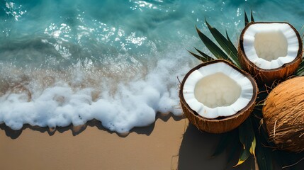 Wall Mural - slices of fresh coconut fruit on the beach sand background