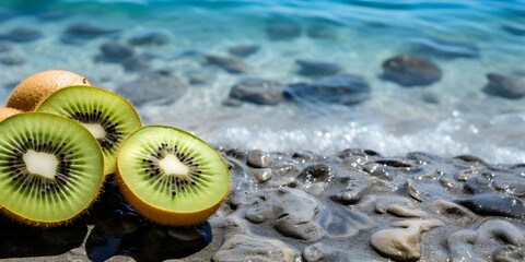 Wall Mural - slices of fresh kiwi fruit on the beach sand background