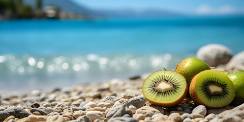 Wall Mural - slices of fresh kiwi fruit on the beach sand background