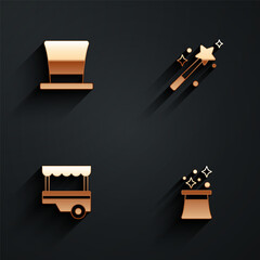 Poster - Set Cylinder hat, Magic wand, Fast street food cart and Magician icon with long shadow. Vector