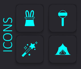 Poster - Set Circus tent, Magician hat and rabbit ears, Lollipop and wand icon. Black square button. Vector