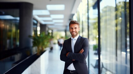 Wall Mural - happy middle aged business man ceo standing in office arms crossed. smiling mature confident profess