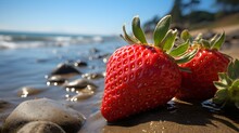 Fresh Strawberry Fruit On The Beach Sand Background