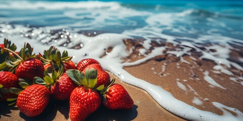 Wall Mural - fresh strawberry fruit on the beach sand background