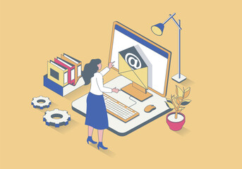 Wall Mural - Business office concept in 3d isometric design. Woman making promo email mailing, doing paperwork and works on computer at workplace. Vector illustration with isometry people scene for web graphic