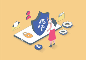 Poster - Cyber security concept in 3d isometric design. Woman scanning fingerprint for secure access and authentication, internet data protection. Vector illustration with isometry people scene for web graphic