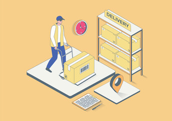Leinwandbilder - Delivery service concept in 3d isometric design. Man working in logistic company, loading parcel boxes at storage shelves in warehouse. Vector illustration with isometry people scene for web graphic