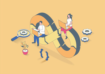 Poster - DevOps concept in 3d isometric design. Manager makes administration of development operations, programmer and engineer teams working. Vector illustration with isometry people scene for web graphic