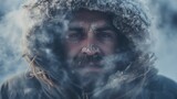 Fototapeta  - A portrait shot of a washed-out man standing in an icy winter snowstorm at minus 30 degrees and breathing steam.