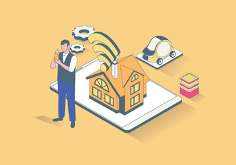 Aufkleber - Smart home concept in 3d isometric design. Man monitoring house system automatization performances, managing from mobile app with wifi. Vector illustration with isometry people scene for web graphic