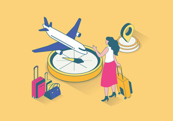 Poster - Travel vacation concept in 3d isometric design. Woman with suitcase planning weekend, booking airlines ticket and flying to resort tour. Vector illustration with isometry people scene for web graphic