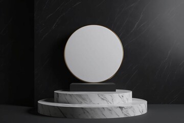 white pedestal steps isolated on black, round marble background, memorial board, art deco geometric frame, abstract minimal concept, blank space, clean design, minimal fashion mockup