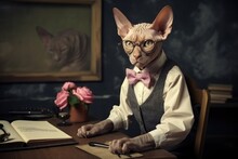 A Cat Wearing A Tie And Glasses Sitting At A Desk, AI