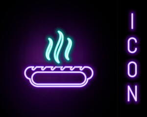 Wall Mural - Glowing neon line Hotdog sandwich with mustard icon isolated on black background. Sausage icon. Fast food sign. Colorful outline concept. Vector
