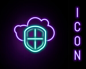Poster - Glowing neon line Cloud and shield icon isolated on black background. Cloud storage data protection. Security, safety, protection, privacy concept. Colorful outline concept. Vector