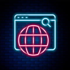 Poster - Glowing neon line Search engine icon isolated on brick wall background. Colorful outline concept. Vector