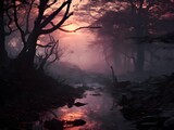 Fototapeta Do pokoju - Dark forest with fog and beautiful colors, hazy forest, Horror forest background, forest surrounded by dense trees, road or path through dark forest