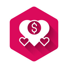 Sticker - White Donation and charity icon isolated with long shadow background. Donate money and charity concept. Pink hexagon button. Vector