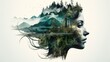 © Restyler - The image of a woman is mixed with the image of a forest and mountains. Abstract image of a woman. Environment. Unity with nature.