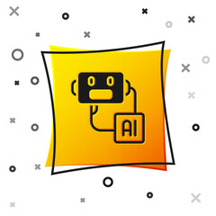 Wall Mural - Black Artificial intelligence robot icon isolated on white background. Machine learning, cloud computing. Yellow square button. Vector