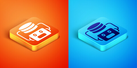 Poster - Isometric Artificial intelligence robot icon isolated on orange and blue background. Machine learning, cloud computing. Vector
