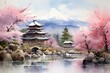 A serene scene of a traditional Japanese temple by a river and mountains, adorned with beautiful sakura blossoms in a watercolor painting. Generative AI