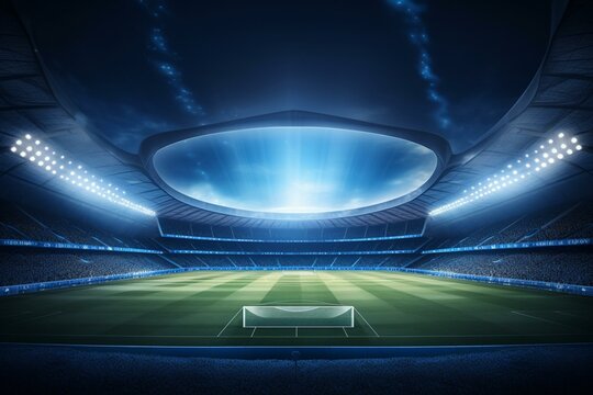 Night soccer stadium with illuminated fan stands, floodlights, and spotlights. Empty arena with banner template and copy space for text. Generative AI