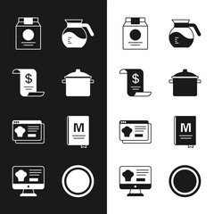 Sticker - Set Cooking pot, Paper or financial check, Online ordering and delivery, Coffee, Restaurant cafe menu, Plate and icon. Vector