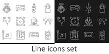Set Line Music Player, Air Headphones, Electric Bass Guitar, Stereo Speaker, Disco Ball, Microphone And Guitar Amplifier Icon. Vector