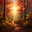 An Endless Forest Path Lined with Trees in Warm Autumn, generative AI