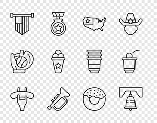 Poster - Set line Sausage on the fork, Liberty bell in Philadelphia, USA map, Trumpet, American flag, Ice cream waffle cone, Donut and Beer pong game icon. Vector