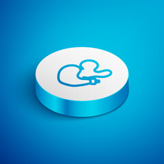 Sticker - Isometric line Spanish wineskin icon isolated on blue background. White circle button. Vector