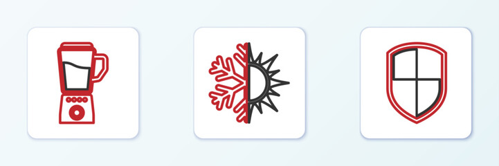 Poster - Set line Shield, Blender and Sun and snowflake icon. Vector