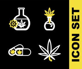 Sticker - Set line Test tube with marijuana, Marijuana or cannabis leaf, Medical pills and icon. Vector