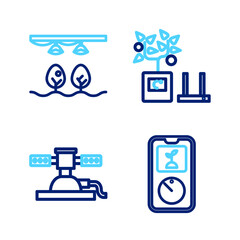 Poster - set line smart farming technology, automatic irrigation sprinklers, and with bulb and plant icon. ve