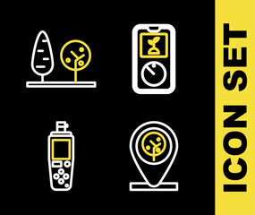 Poster - set line smart farming technology, location and tree, portable sensor and trees icon. vector