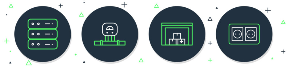Poster - set line smart sensor, warehouse, server, data, web hosting and electrical outlet icon. vector