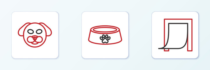 Sticker - Set line Door for pet, Dog and Pet food bowl icon. Vector