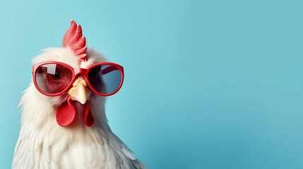 Wall Mural - Creative animal concept. Chicken hen in sunglass shade glasses isolated on solid pastel background