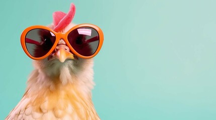 Poster - Creative animal concept. Chicken hen in sunglass shade glasses isolated on solid pastel background