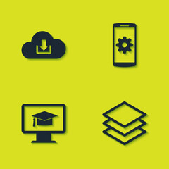 Poster - Set Cloud download, Layers, Monitor with graduation cap and Setting smartphone icon. Vector