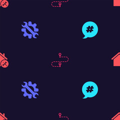 Poster - set hashtag speech bubble, wrench and gear, route location and house service on seamless pattern. ve