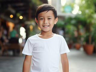 A mockup of An Asian little boy wearing a white T-shirt, outdoor background