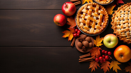 An aerial view of autumnal holiday pies composed of pumpkin and apple, providing a decorative inspiration for the season.