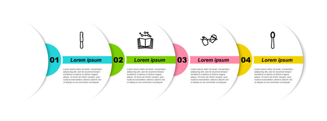 Sticker - Set line Disposable plastic knife, Open book, Problem pollution of the ocean and spoon. Business infographic template. Vector